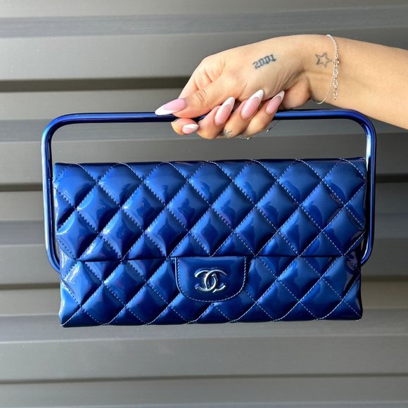 CHANEL 2014 Runway Electric Blue Patent Leather Quilted Bag Metal Handle Rectang - Picture 4 of 13